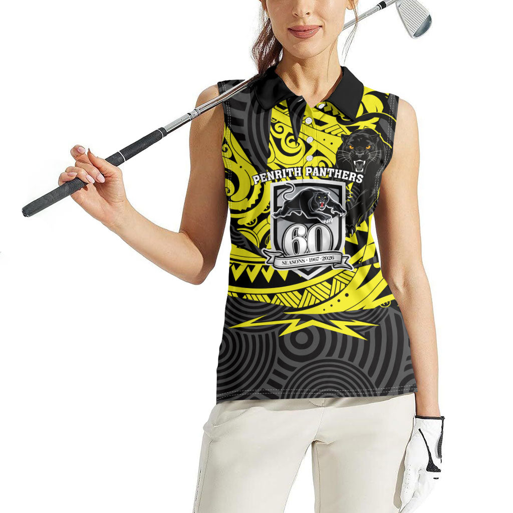 Custom Panthers Rugby 60th Anniversary Women Sleeveless Polo Shirt Penrith Polynesian Tribal Pattern - Traditional Tattoo