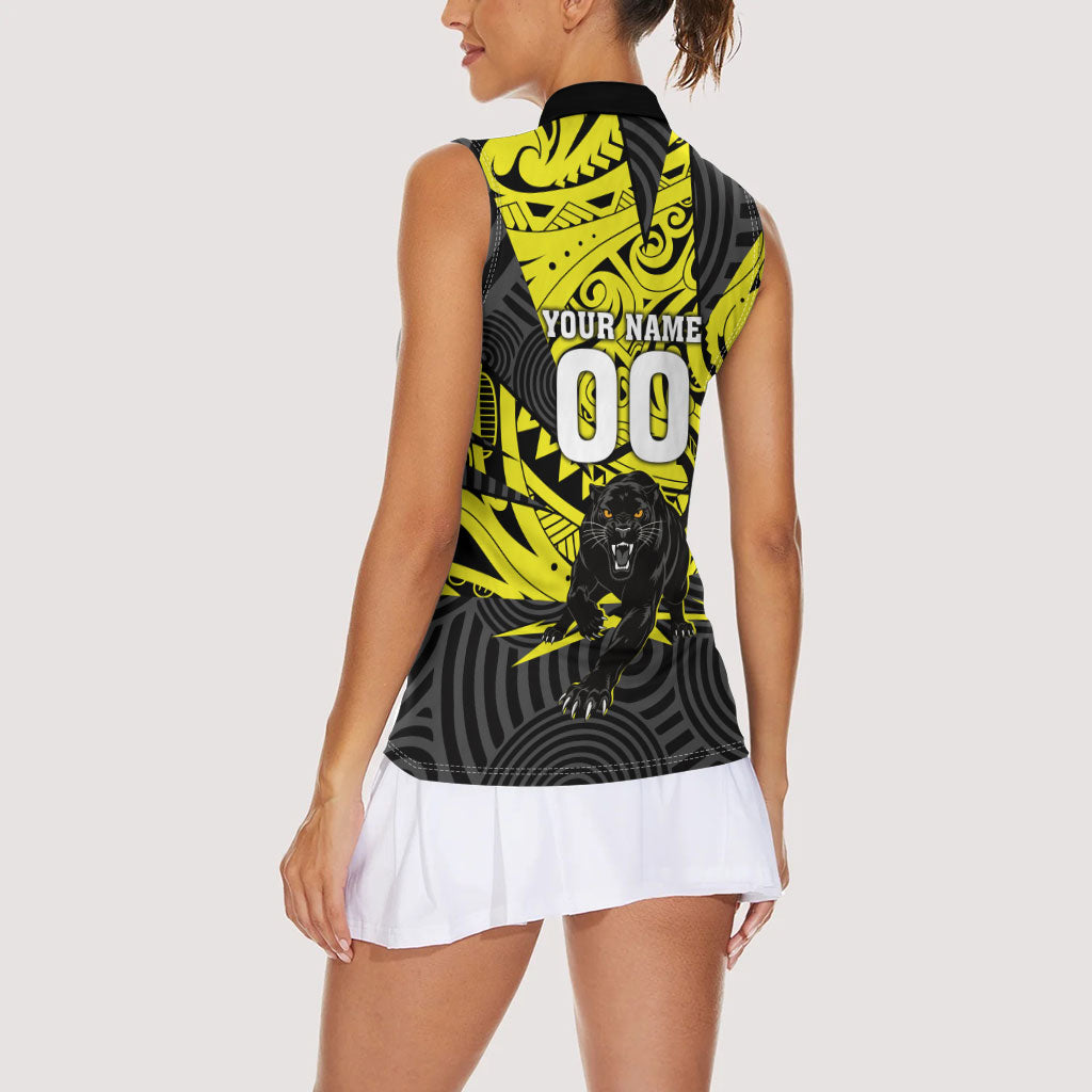 Custom Panthers Rugby 60th Anniversary Women Sleeveless Polo Shirt Penrith Polynesian Tribal Pattern - Traditional Tattoo