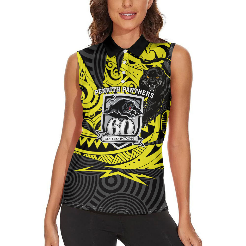 Custom Panthers Rugby 60th Anniversary Women Sleeveless Polo Shirt Penrith Polynesian Tribal Pattern - Traditional Tattoo
