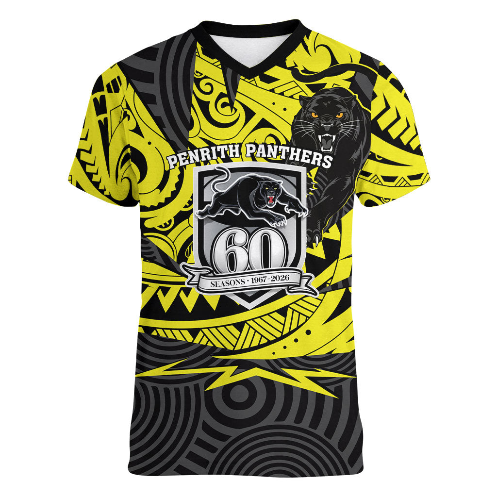 Custom Panthers Rugby 60th Anniversary Women V-Neck T-Shirt Penrith Polynesian Tribal Pattern - Traditional Tattoo