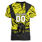 Custom Panthers Rugby 60th Anniversary Women V-Neck T-Shirt Penrith Polynesian Tribal Pattern - Traditional Tattoo