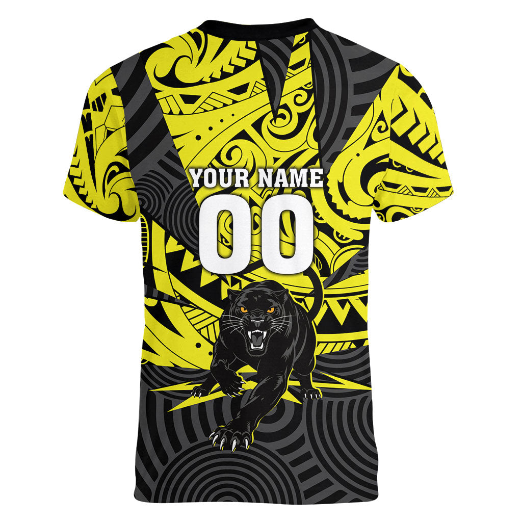 Custom Panthers Rugby 60th Anniversary Women V-Neck T-Shirt Penrith Polynesian Tribal Pattern - Traditional Tattoo