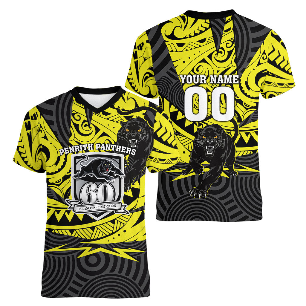Custom Panthers Rugby 60th Anniversary Women V-Neck T-Shirt Penrith Polynesian Tribal Pattern - Traditional Tattoo