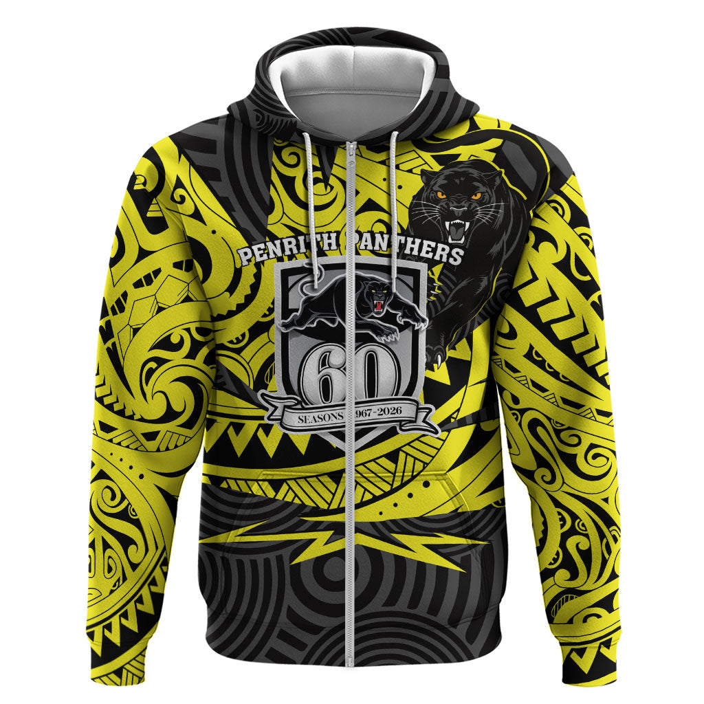Custom Panthers Rugby 60th Anniversary Zip Hoodie Penrith Polynesian Tribal Pattern - Traditional Tattoo