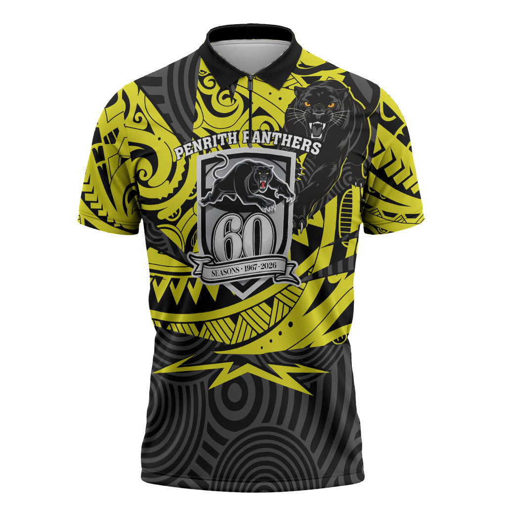 Custom Panthers Rugby 60th Anniversary Zipper Polo Shirt Penrith Polynesian Tribal Pattern - Traditional Tattoo