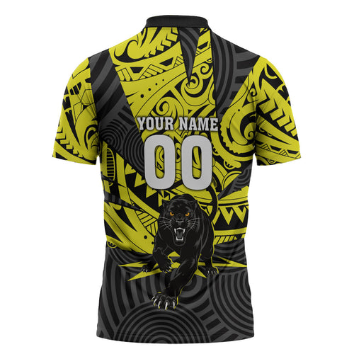 Custom Panthers Rugby 60th Anniversary Zipper Polo Shirt Penrith Polynesian Tribal Pattern - Traditional Tattoo