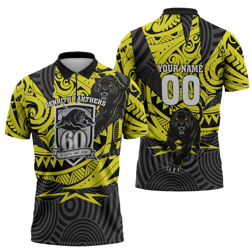 Custom Panthers Rugby 60th Anniversary Zipper Polo Shirt Penrith Polynesian Tribal Pattern - Traditional Tattoo