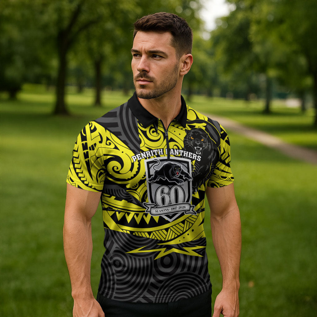 Custom Panthers Rugby 60th Anniversary Zipper Polo Shirt Penrith Polynesian Tribal Pattern - Traditional Tattoo