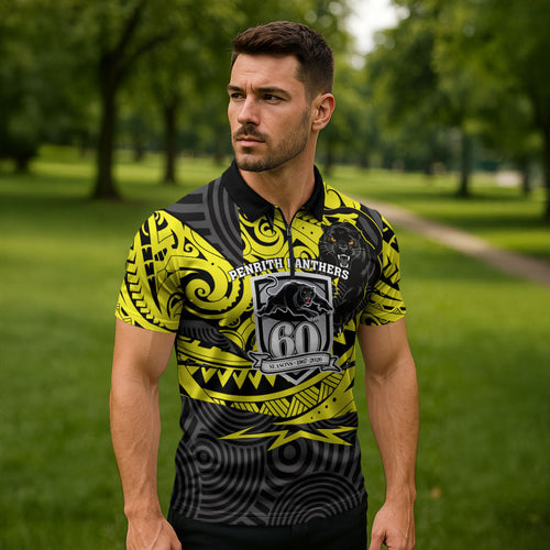 Custom Panthers Rugby 60th Anniversary Zipper Polo Shirt Penrith Polynesian Tribal Pattern - Traditional Tattoo