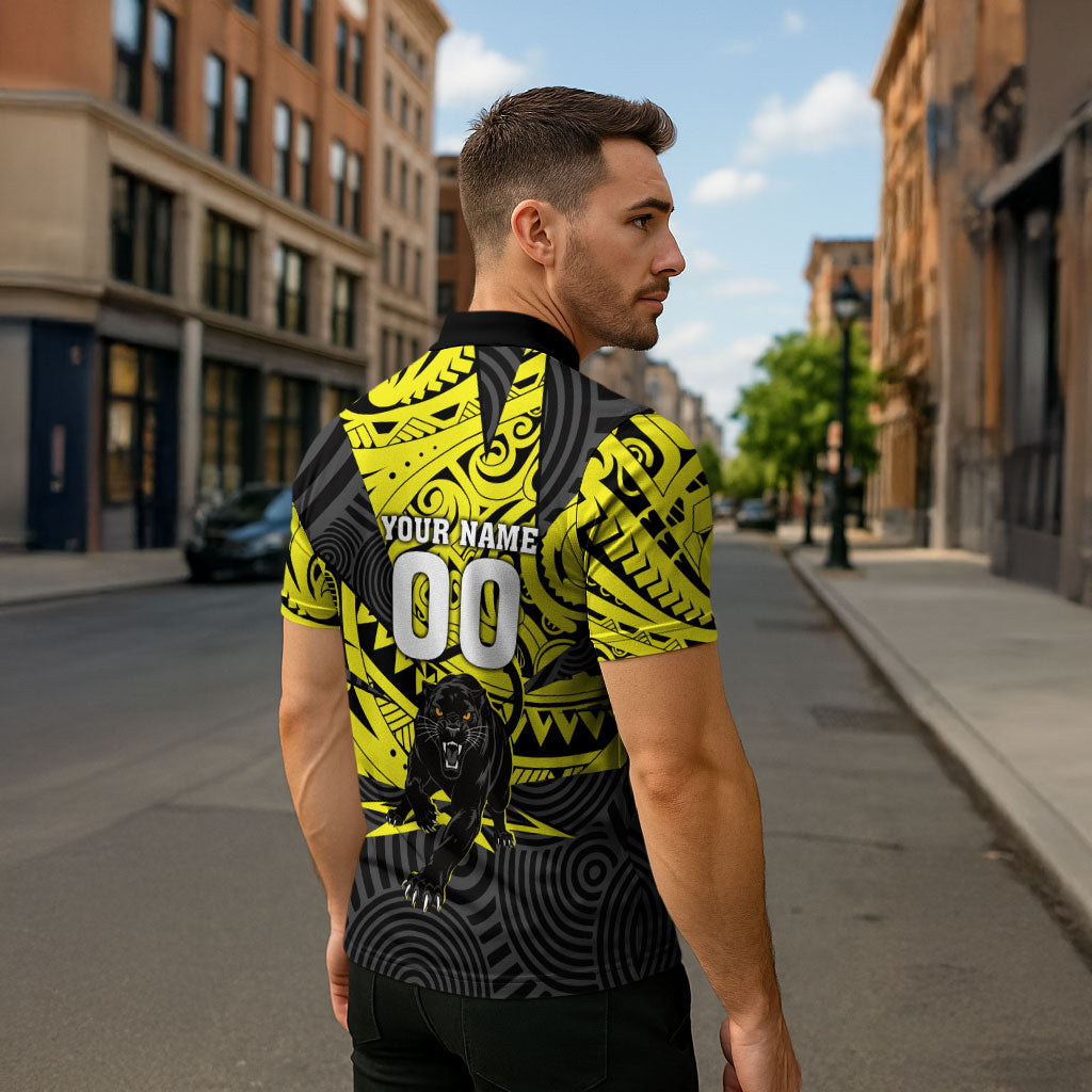 Custom Panthers Rugby 60th Anniversary Zipper Polo Shirt Penrith Polynesian Tribal Pattern - Traditional Tattoo