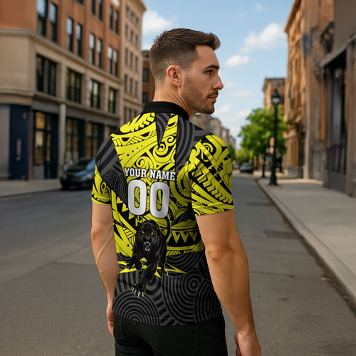 Custom Panthers Rugby 60th Anniversary Zipper Polo Shirt Penrith Polynesian Tribal Pattern - Traditional Tattoo