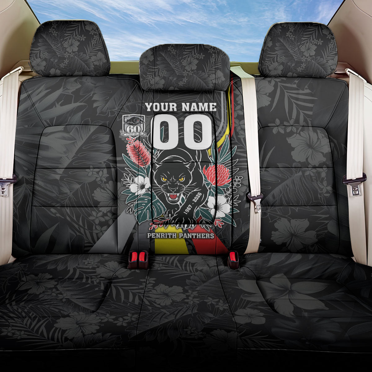 Penrith Panthers 60th Anniversary Custom Back Car Seat Cover Native Australian Protea And Hibiscus Tropical Floral