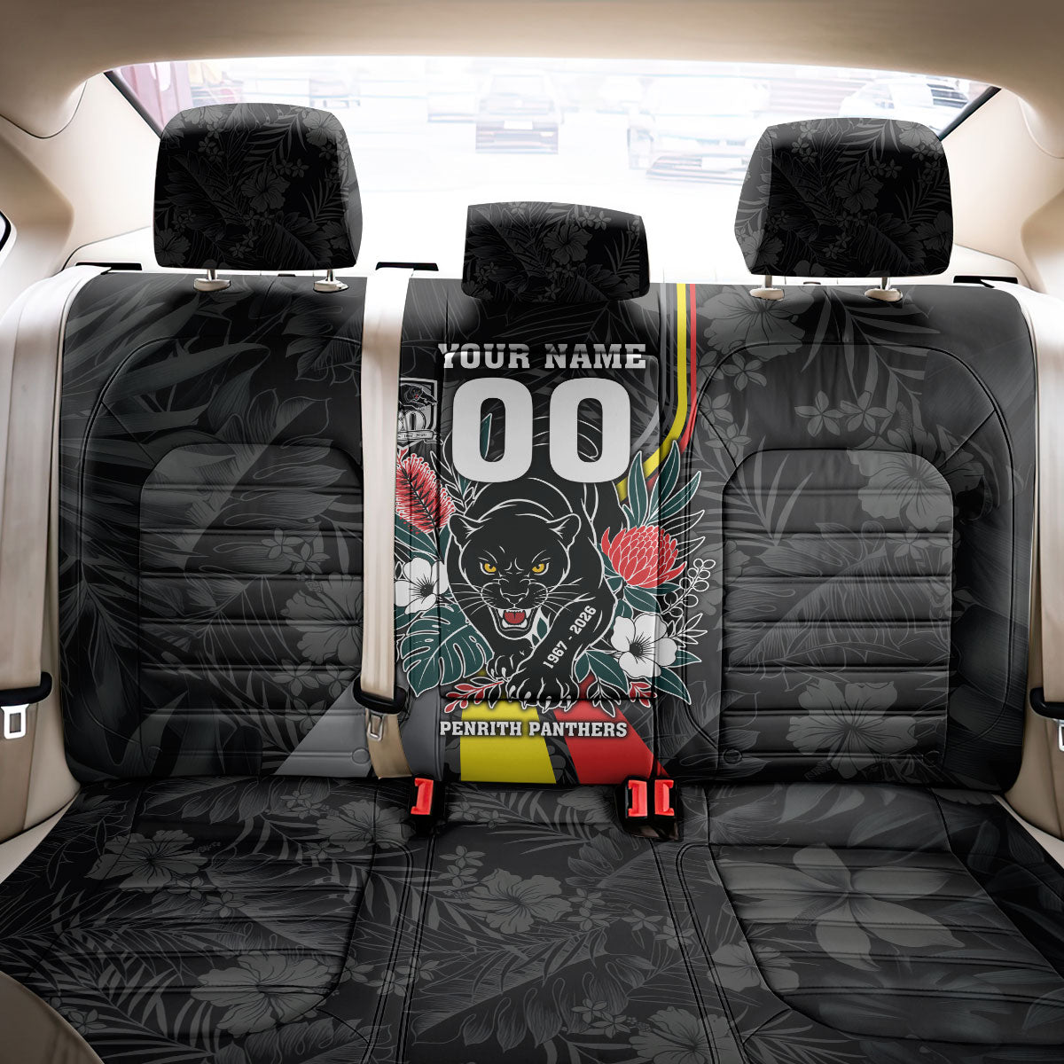 Penrith Panthers 60th Anniversary Custom Back Car Seat Cover Native Australian Protea And Hibiscus Tropical Floral