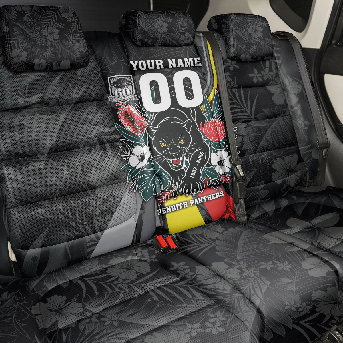 Penrith Panthers 60th Anniversary Custom Back Car Seat Cover Native Australian Protea And Hibiscus Tropical Floral
