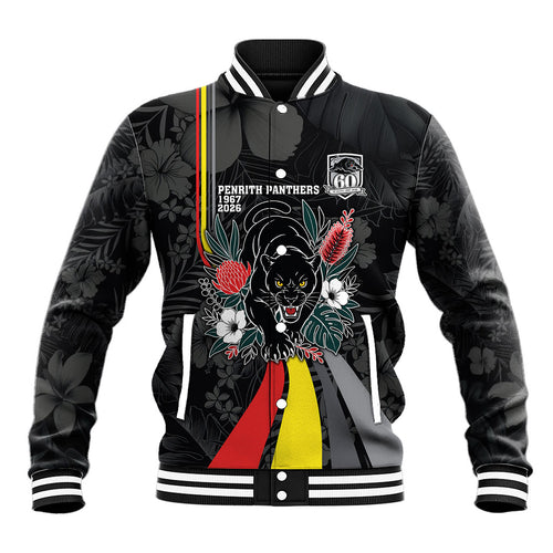 Penrith Panthers 60th Anniversary Custom Baseball Jacket Native Australian Protea And Hibiscus Tropical Floral