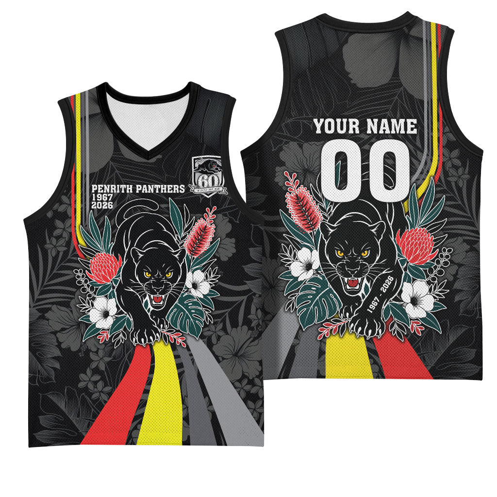 Penrith Panthers 60th Anniversary Custom Basketball Jersey Native Australian Protea And Hibiscus Tropical Floral