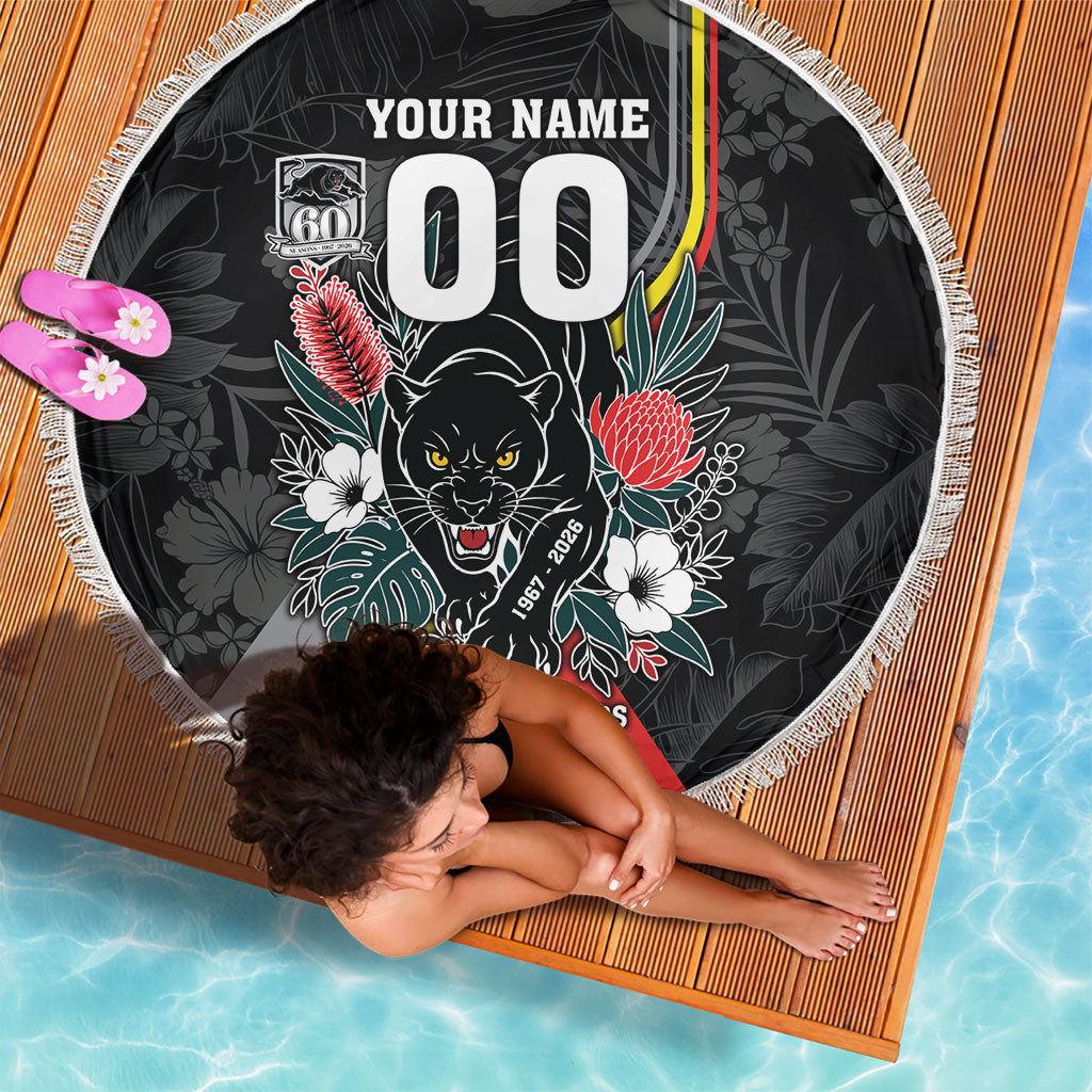 Penrith Panthers 60th Anniversary Custom Beach Blanket Native Australian Protea And Hibiscus Tropical Floral