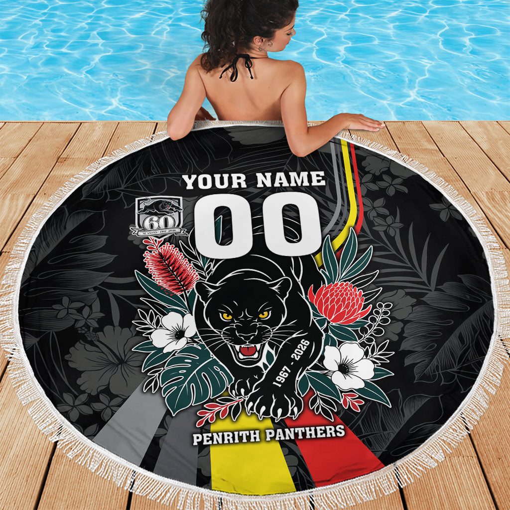 Penrith Panthers 60th Anniversary Custom Beach Blanket Native Australian Protea And Hibiscus Tropical Floral