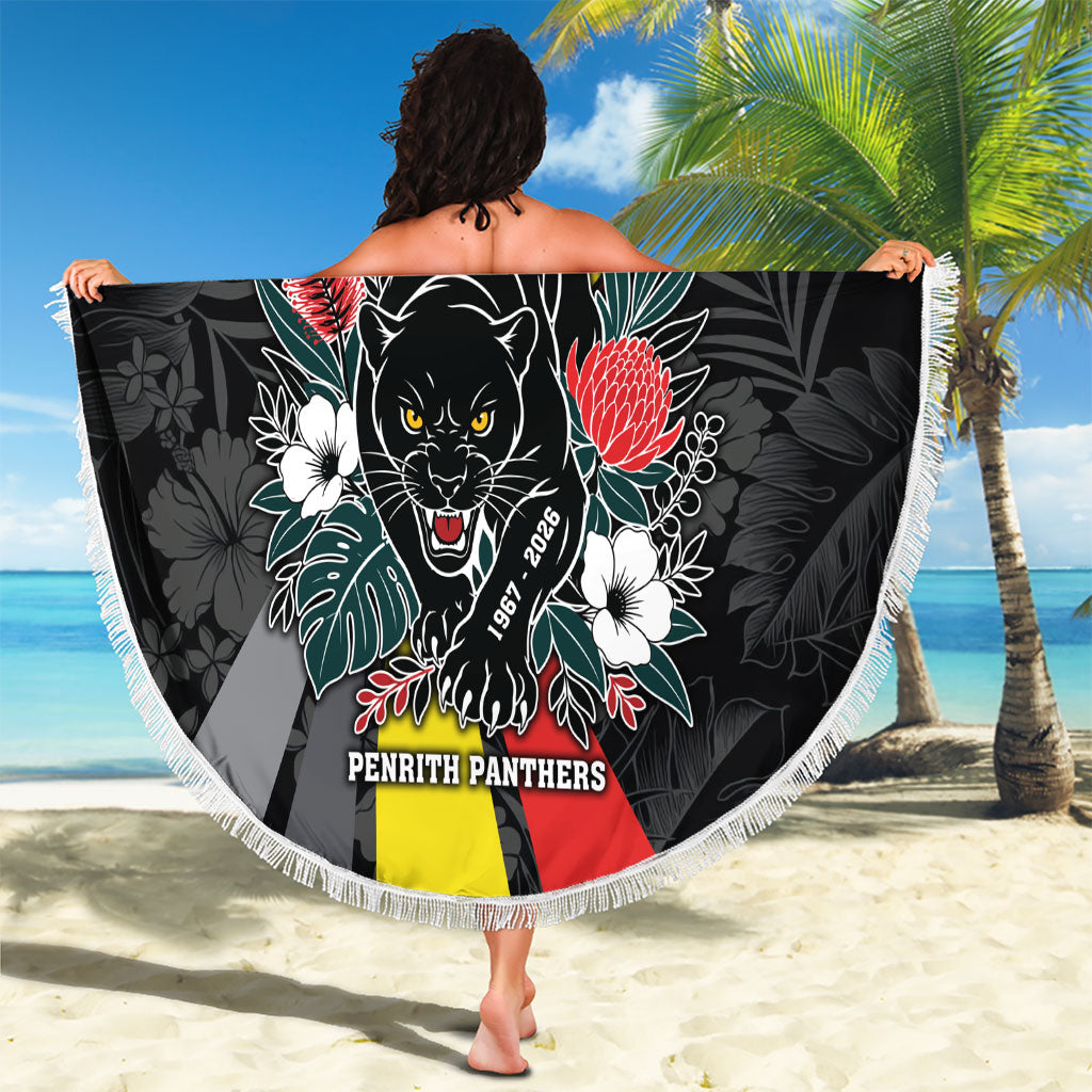Penrith Panthers 60th Anniversary Custom Beach Blanket Native Australian Protea And Hibiscus Tropical Floral