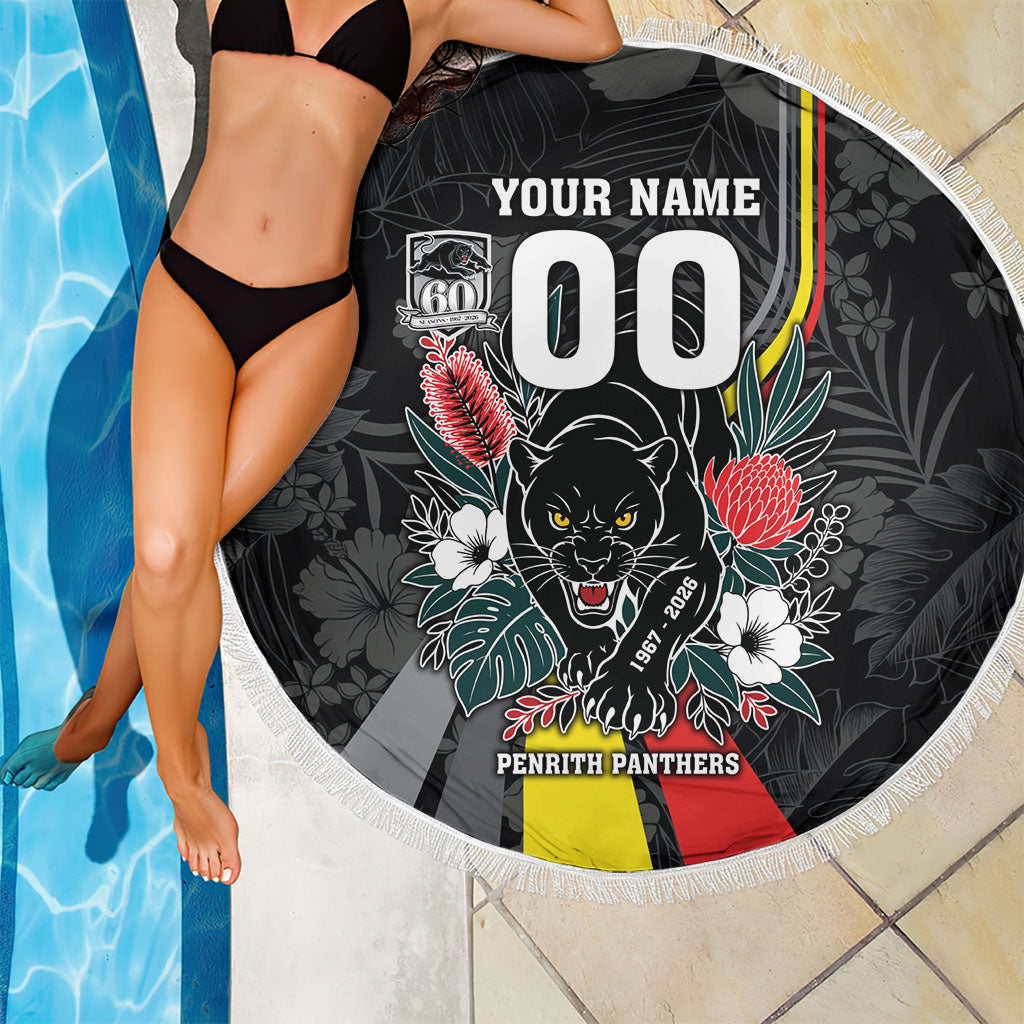 Penrith Panthers 60th Anniversary Custom Beach Blanket Native Australian Protea And Hibiscus Tropical Floral