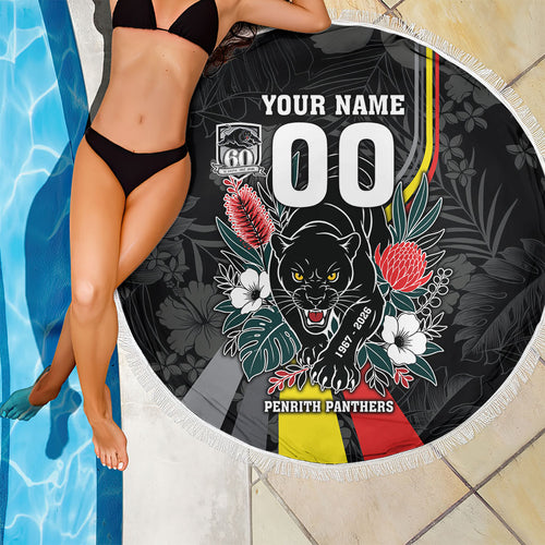Penrith Panthers 60th Anniversary Custom Beach Blanket Native Australian Protea And Hibiscus Tropical Floral