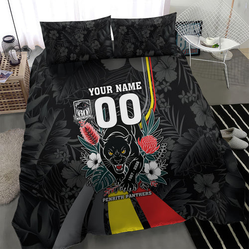 Penrith Panthers 60th Anniversary Custom Bedding Set Native Australian Protea And Hibiscus Tropical Floral