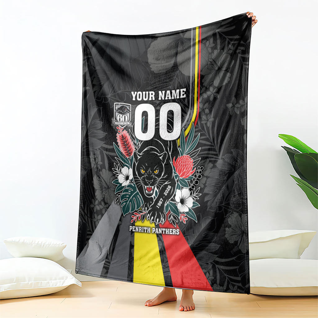 Penrith Panthers 60th Anniversary Custom Blanket Native Australian Protea And Hibiscus Tropical Floral