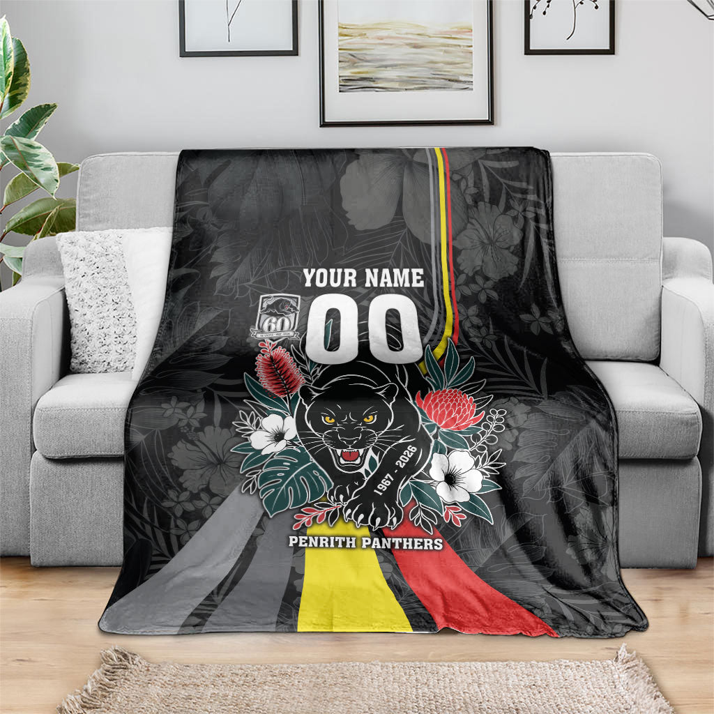 Penrith Panthers 60th Anniversary Custom Blanket Native Australian Protea And Hibiscus Tropical Floral