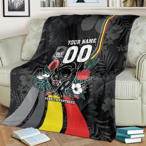 Penrith Panthers 60th Anniversary Custom Blanket Native Australian Protea And Hibiscus Tropical Floral