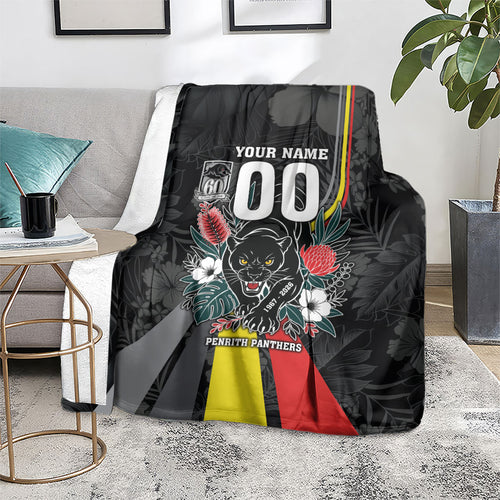 Penrith Panthers 60th Anniversary Custom Blanket Native Australian Protea And Hibiscus Tropical Floral