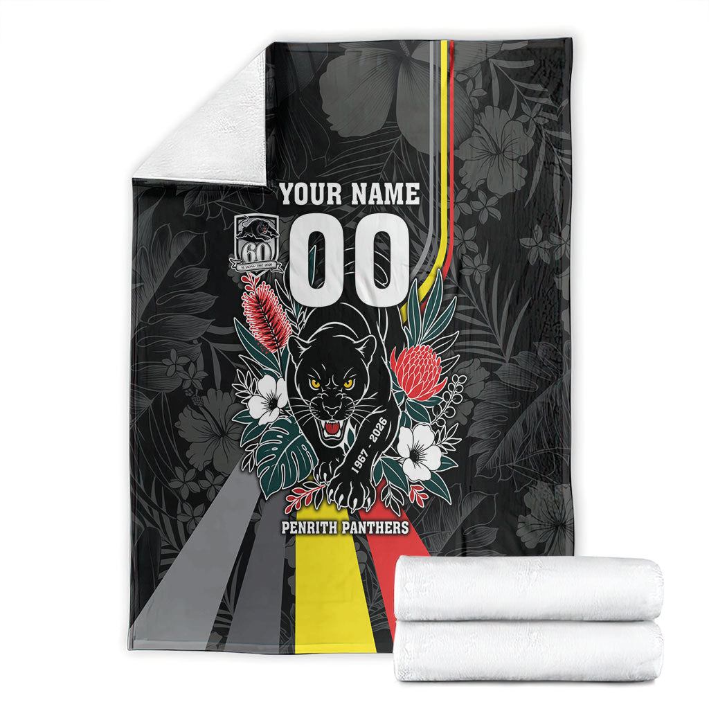 Penrith Panthers 60th Anniversary Custom Blanket Native Australian Protea And Hibiscus Tropical Floral