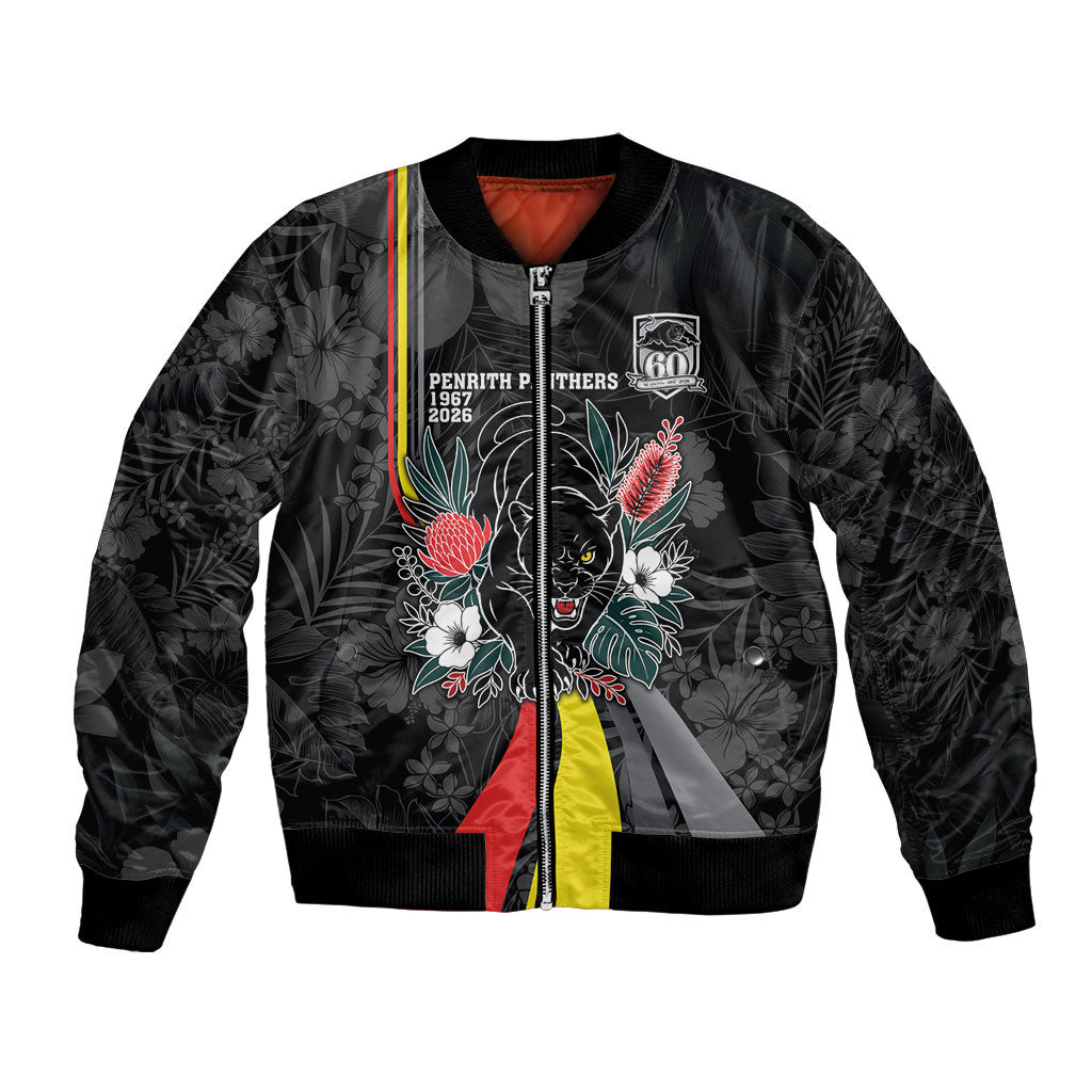 Penrith Panthers 60th Anniversary Custom Bomber Jacket Native Australian Protea And Hibiscus Tropical Floral