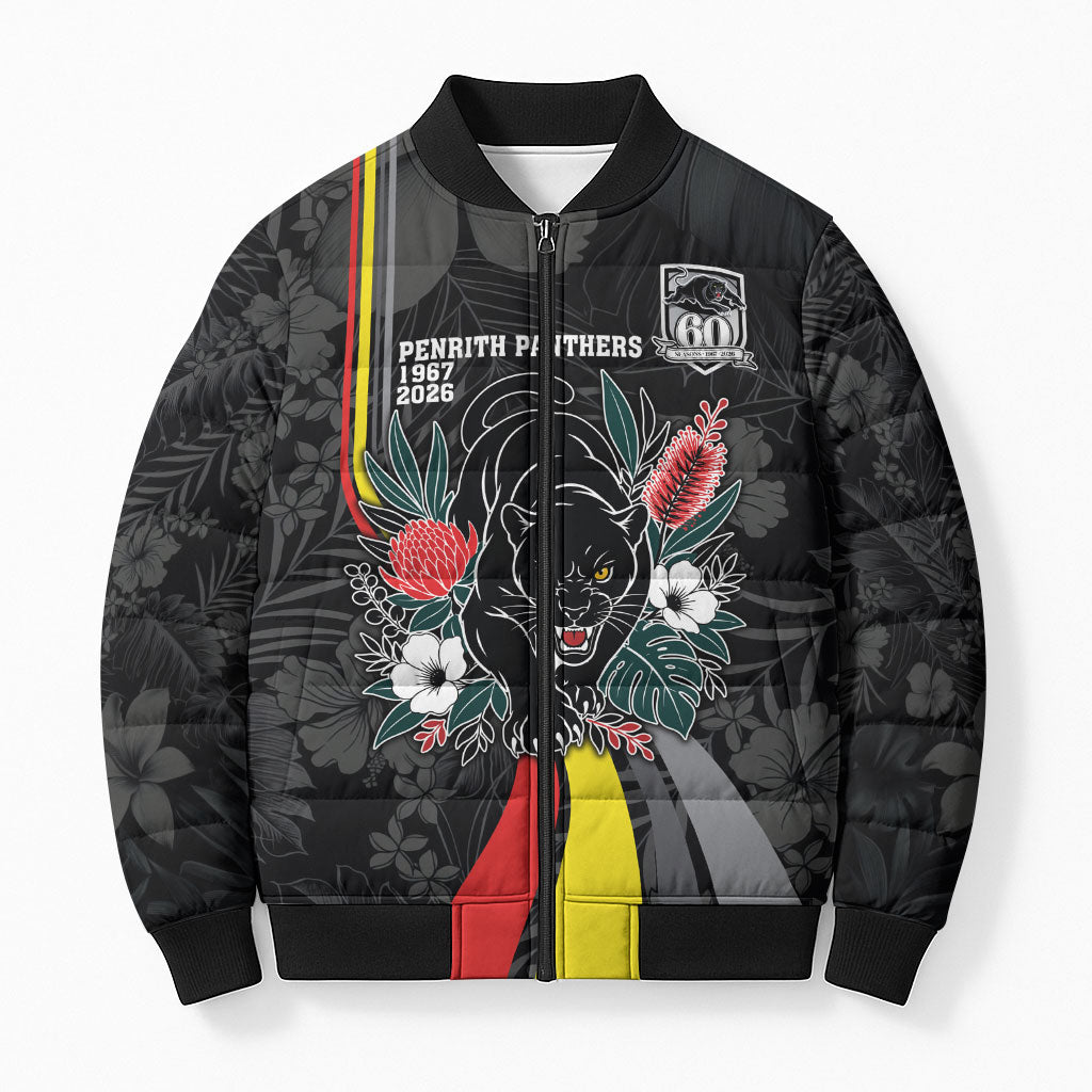 Penrith Panthers 60th Anniversary Custom Bomber Puffer Jacket Native Australian Protea And Hibiscus Tropical Floral