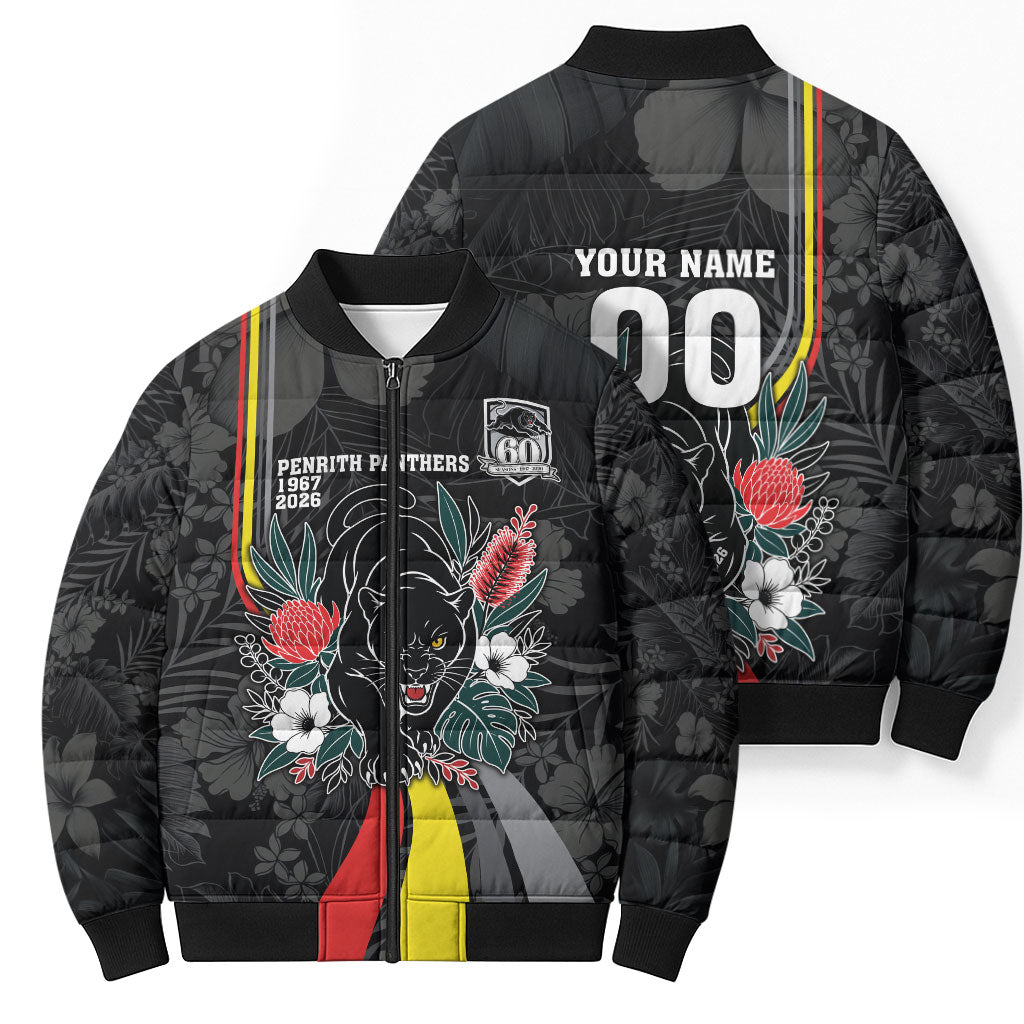 Penrith Panthers 60th Anniversary Custom Bomber Puffer Jacket Native Australian Protea And Hibiscus Tropical Floral