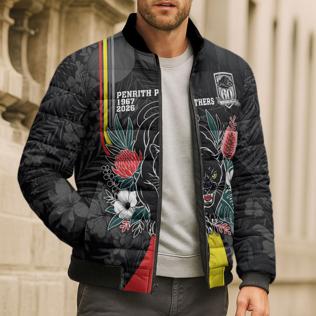 Penrith Panthers 60th Anniversary Custom Bomber Puffer Jacket Native Australian Protea And Hibiscus Tropical Floral