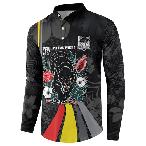 Penrith Panthers 60th Anniversary Custom Button Sweatshirt Native Australian Protea And Hibiscus Tropical Floral