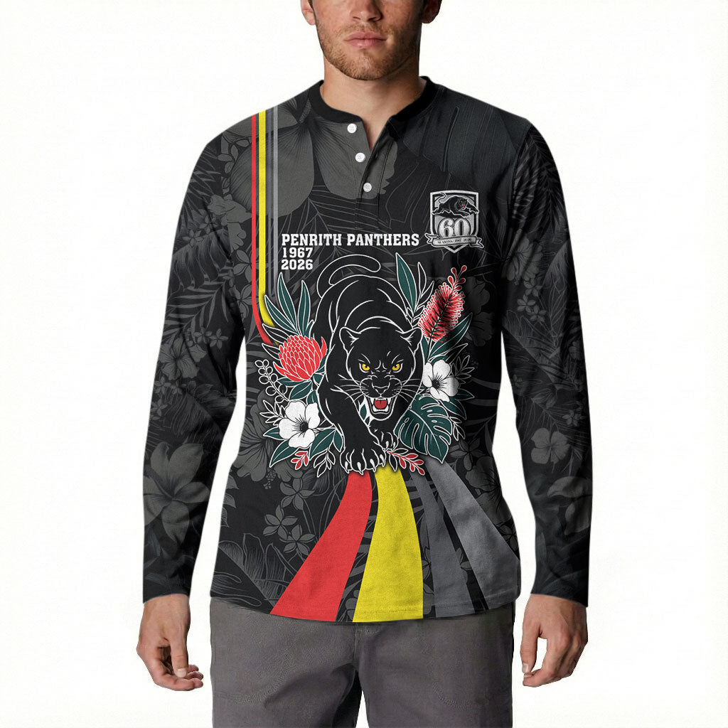 Penrith Panthers 60th Anniversary Custom Button Sweatshirt Native Australian Protea And Hibiscus Tropical Floral