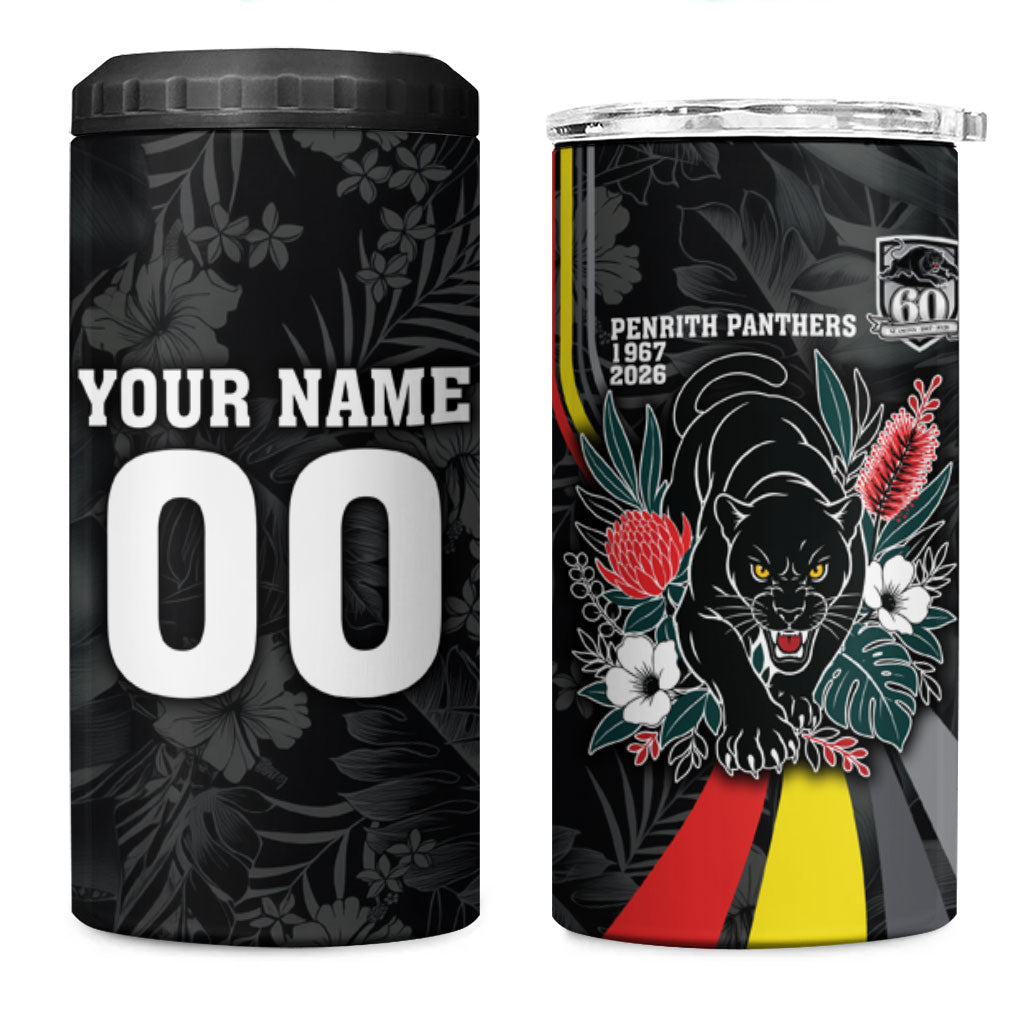 Penrith Panthers 60th Anniversary Custom 4 in 1 Can Cooler Tumbler Native Australian Protea And Hibiscus Tropical Floral