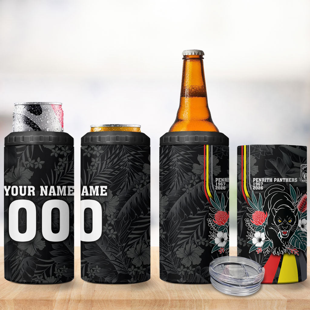 Penrith Panthers 60th Anniversary Custom 4 in 1 Can Cooler Tumbler Native Australian Protea And Hibiscus Tropical Floral