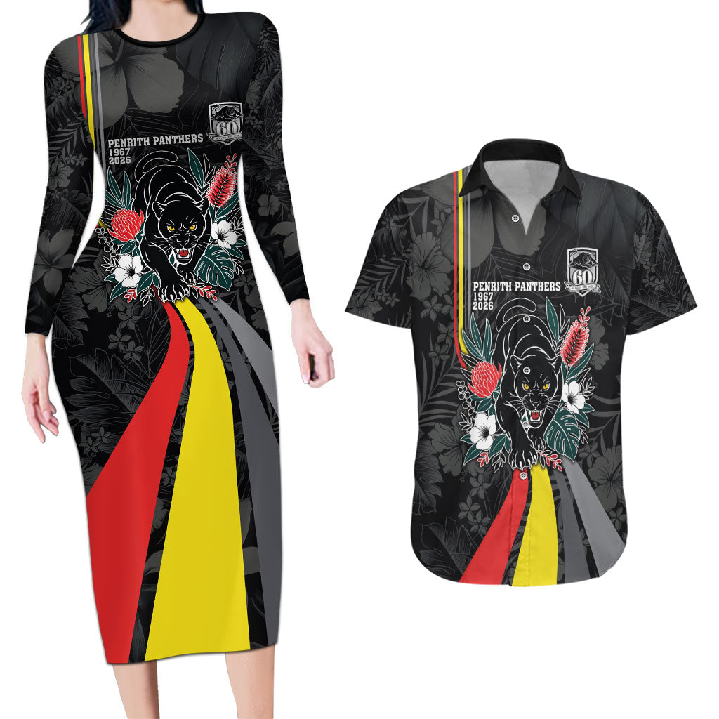 Penrith Panthers 60th Anniversary Custom Couples Matching Long Sleeve Bodycon Dress and Hawaiian Shirt Native Australian Protea And Hibiscus Tropical Floral