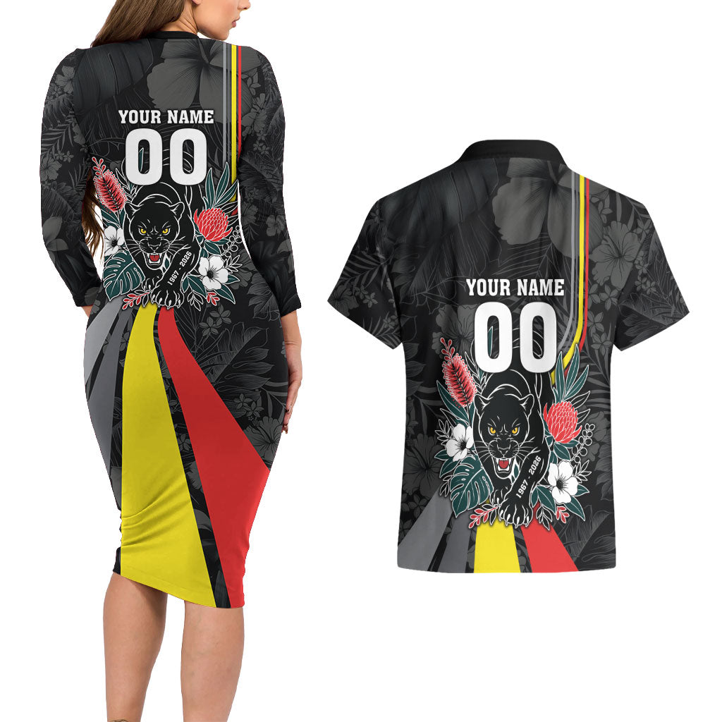 Penrith Panthers 60th Anniversary Custom Couples Matching Long Sleeve Bodycon Dress and Hawaiian Shirt Native Australian Protea And Hibiscus Tropical Floral