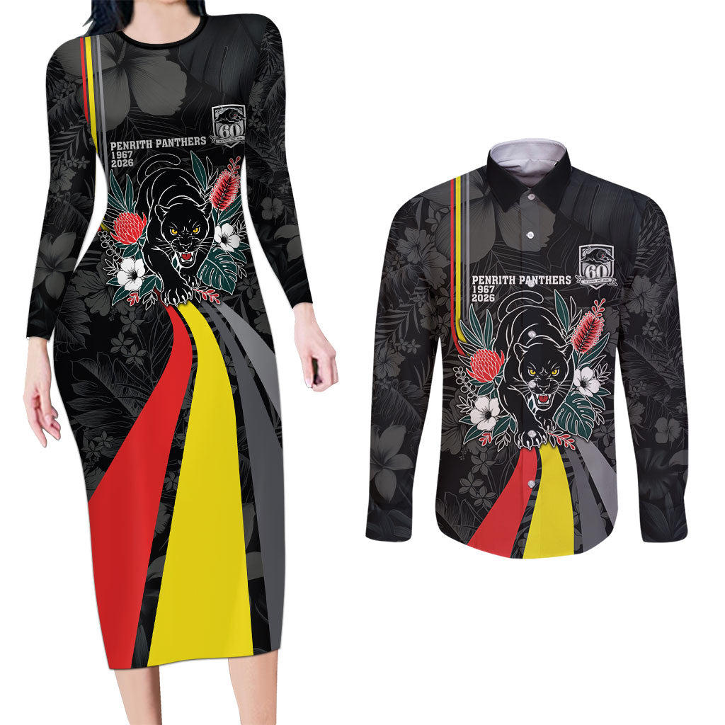 Penrith Panthers 60th Anniversary Custom Couples Matching Long Sleeve Bodycon Dress and Long Sleeve Button Shirt Native Australian Protea And Hibiscus Tropical Floral