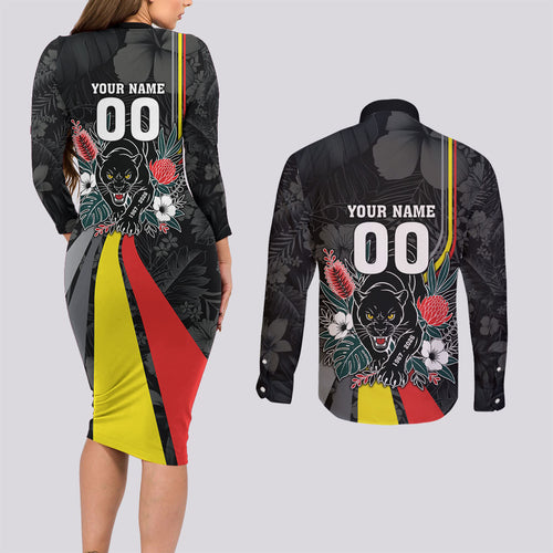 Penrith Panthers 60th Anniversary Custom Couples Matching Long Sleeve Bodycon Dress and Long Sleeve Button Shirt Native Australian Protea And Hibiscus Tropical Floral