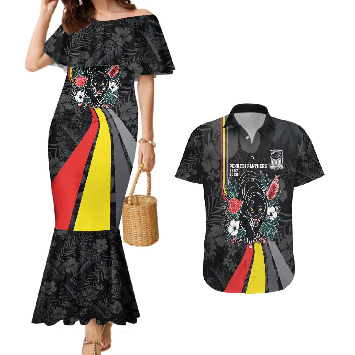Penrith Panthers 60th Anniversary Custom Couples Matching Mermaid Dress and Hawaiian Shirt Native Australian Protea And Hibiscus Tropical Floral