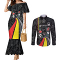 Penrith Panthers 60th Anniversary Custom Couples Matching Mermaid Dress and Long Sleeve Button Shirt Native Australian Protea And Hibiscus Tropical Floral