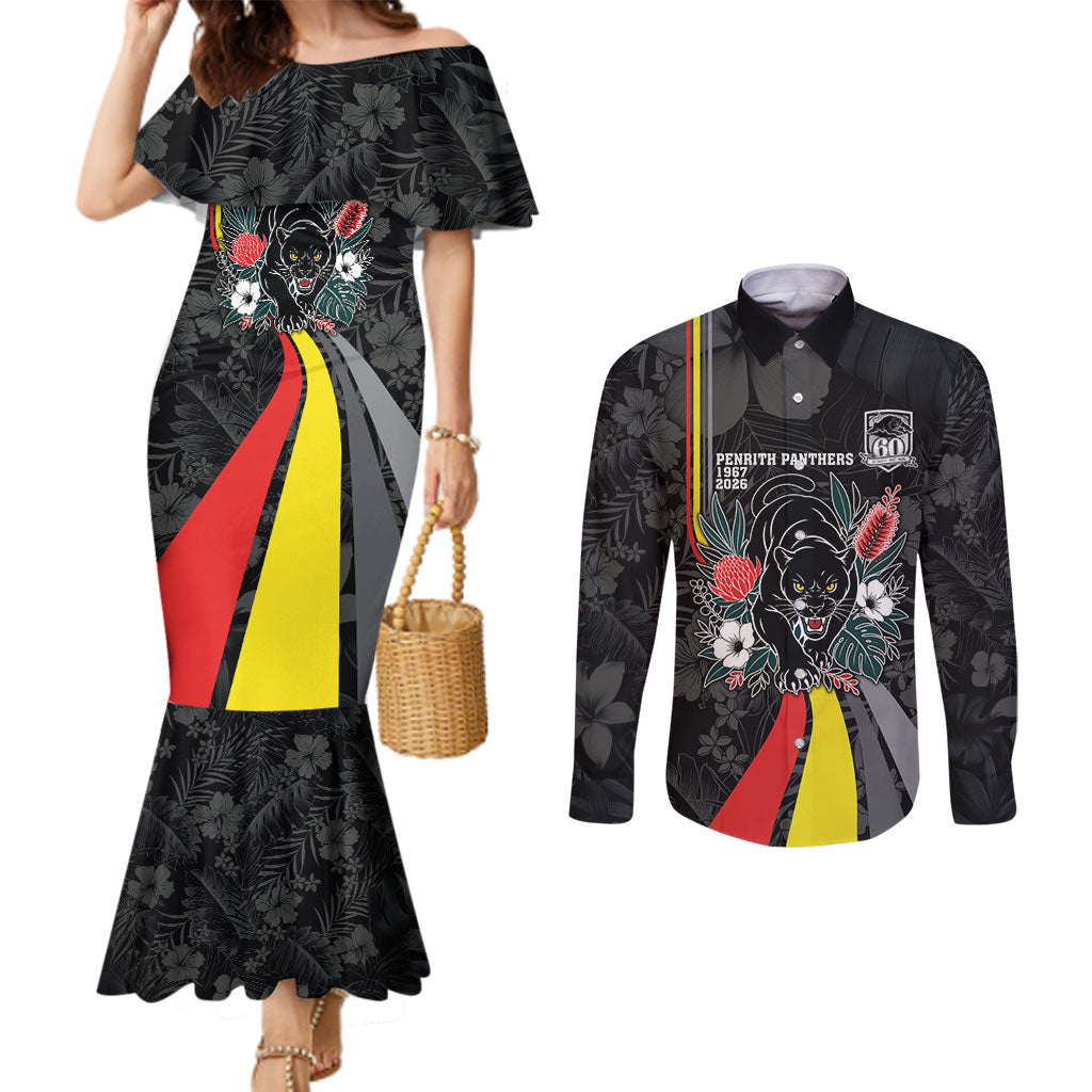 Penrith Panthers 60th Anniversary Custom Couples Matching Mermaid Dress and Long Sleeve Button Shirt Native Australian Protea And Hibiscus Tropical Floral