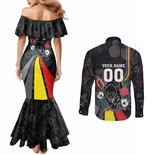 Penrith Panthers 60th Anniversary Custom Couples Matching Mermaid Dress and Long Sleeve Button Shirt Native Australian Protea And Hibiscus Tropical Floral