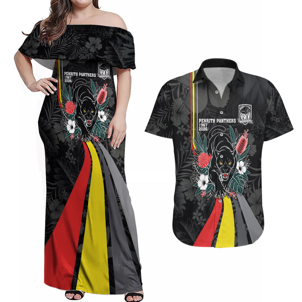 Penrith Panthers 60th Anniversary Custom Couples Matching Off Shoulder Maxi Dress and Hawaiian Shirt Native Australian Protea And Hibiscus Tropical Floral