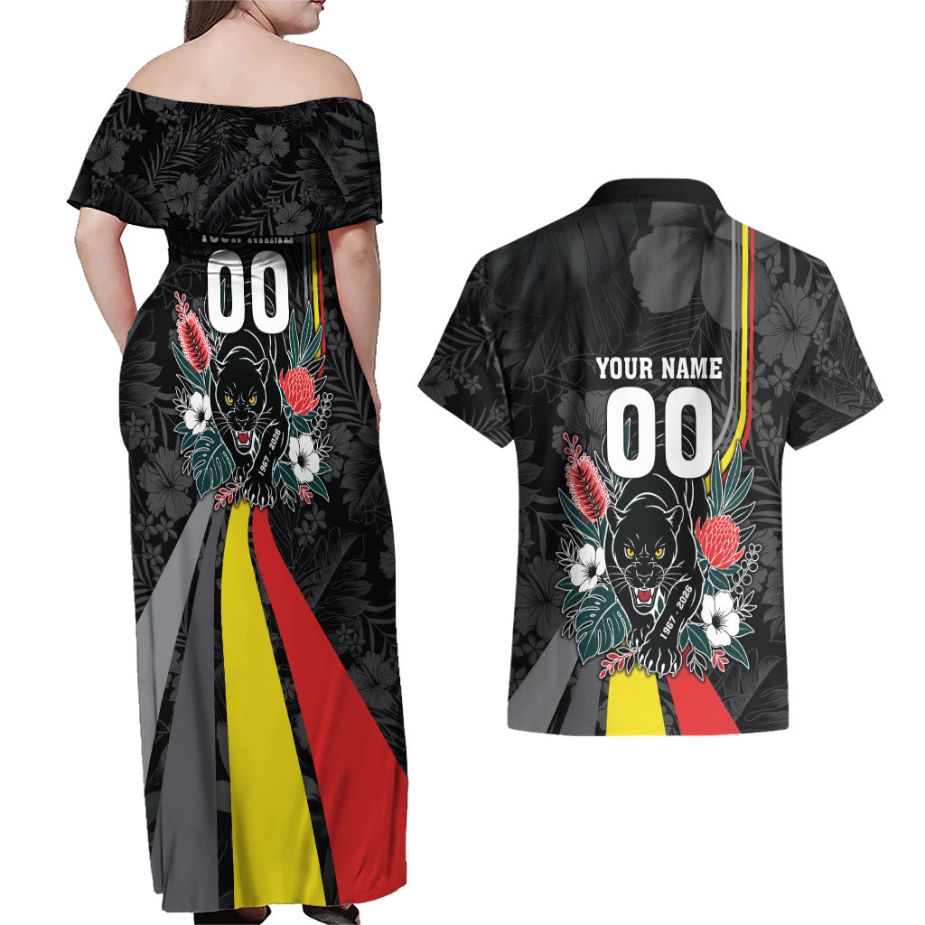 Penrith Panthers 60th Anniversary Custom Couples Matching Off Shoulder Maxi Dress and Hawaiian Shirt Native Australian Protea And Hibiscus Tropical Floral