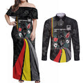 Penrith Panthers 60th Anniversary Custom Couples Matching Off Shoulder Maxi Dress and Long Sleeve Button Shirt Native Australian Protea And Hibiscus Tropical Floral